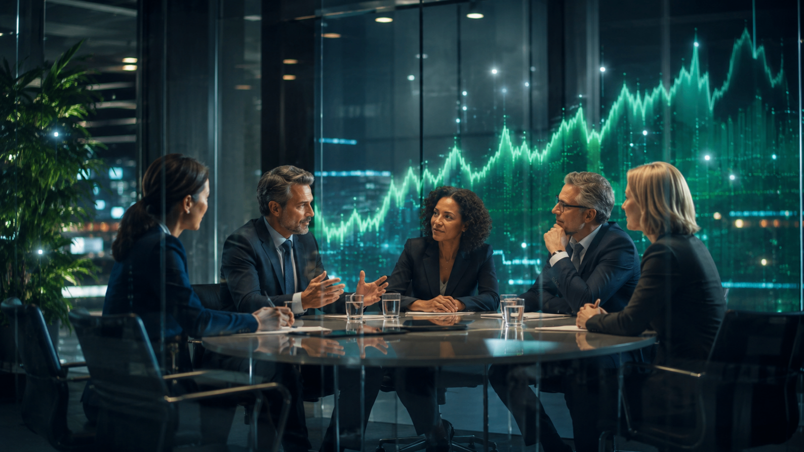 Professionals reviewing market strategy in a calm boardroom setting