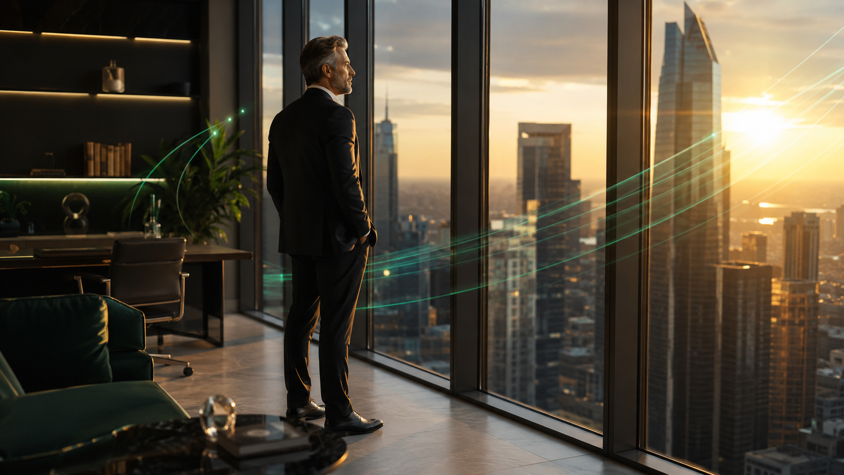 Senior professional in a modern city office at sunset, used as editorial imagery for the UK regional review