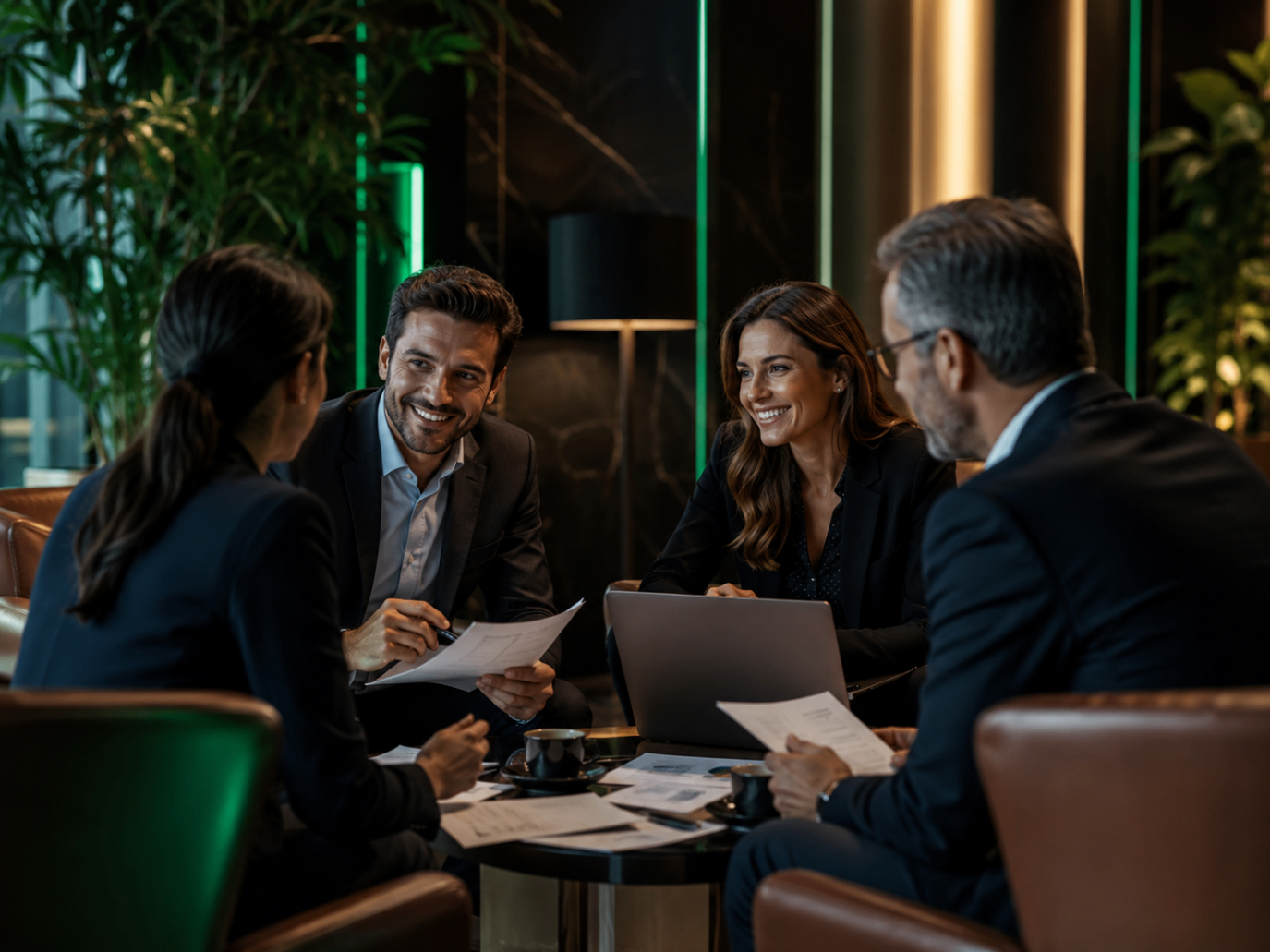 Small professional team in measured discussion in a refined lounge setting