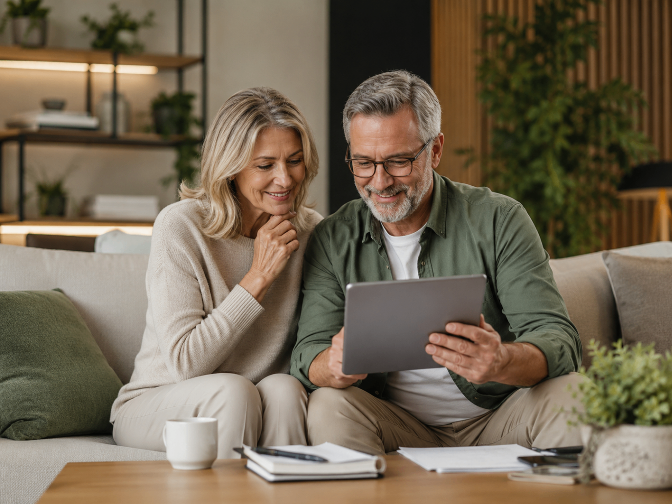 Mature couple reviewing financial information on a tablet at home in a calm setting
