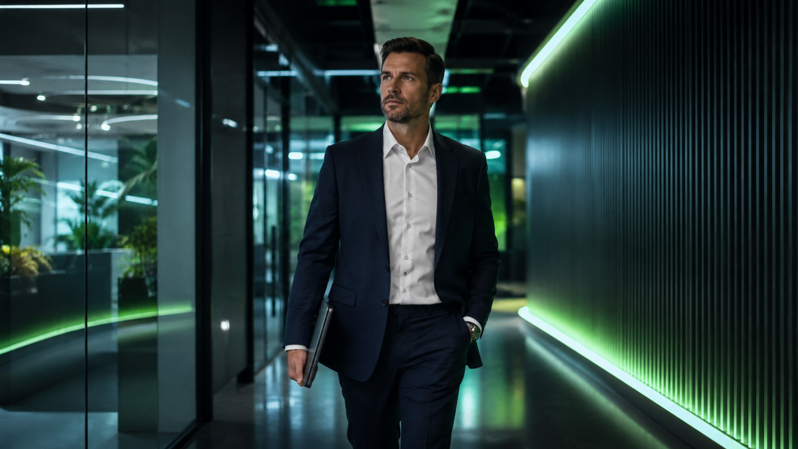 Professional walking through a modern green-lit corridor, used as editorial imagery for the FinAI versus trading bots comparison