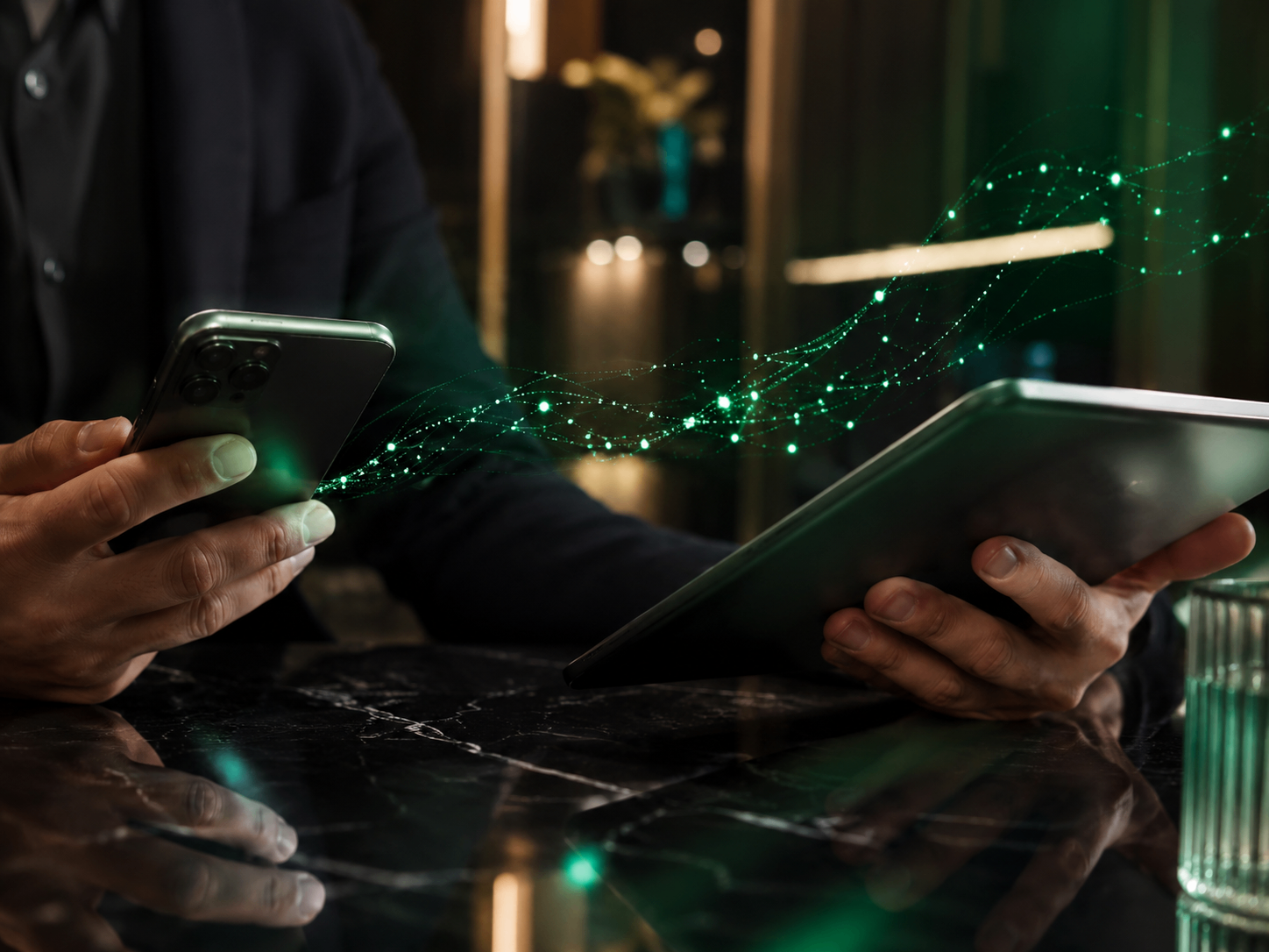 Phone and tablet in active use with restrained green data overlays, illustrating FinAI's intelligence-led review process