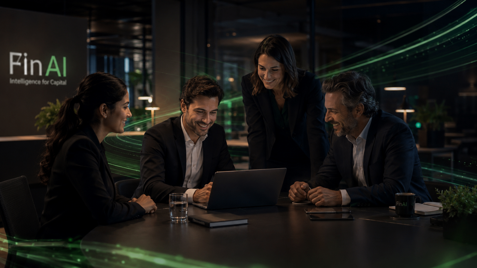 Editorial team collaborating in a calm fintech work environment