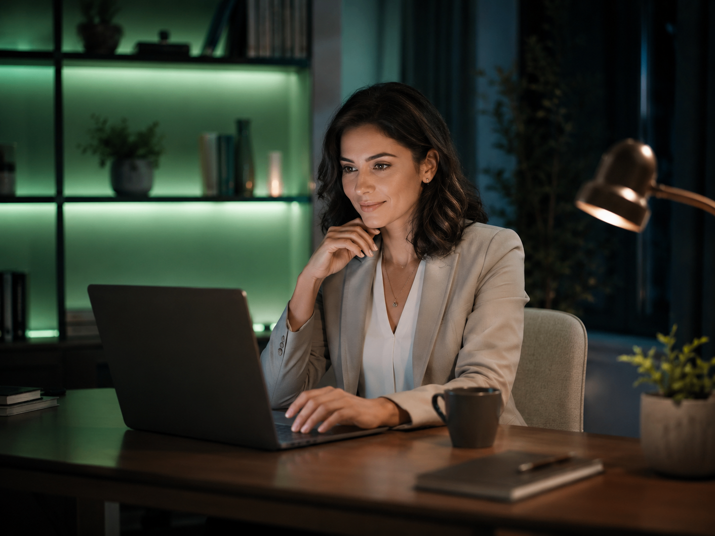 Focused individual reviewing financial information in a calm evening home office